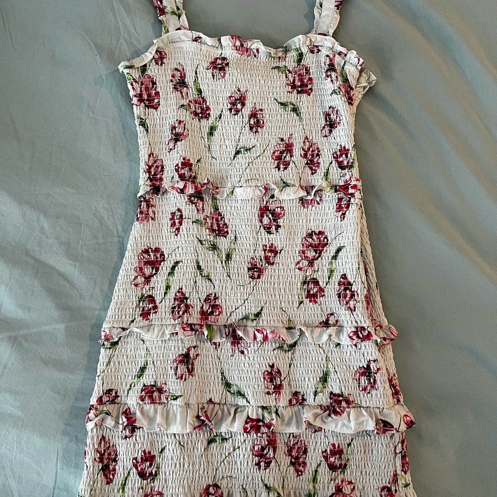 Parker Laurel Floral Dress - white mini dress, rose print floral, tiered, smocke